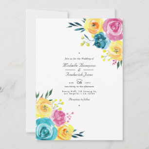 Turquoise and Yellow Floral QR Code RSVP Wedding Invitation