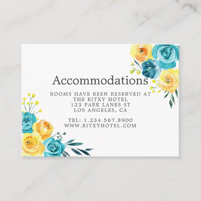 Turquoise and Yellow Floral Wedding Accommodations Enclosure Card (Front)