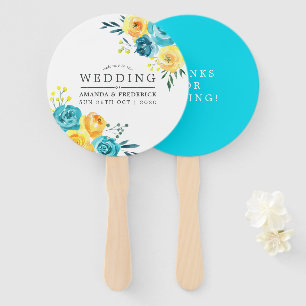 Turquoise and Yellow Floral Wedding Favour Hand Fan