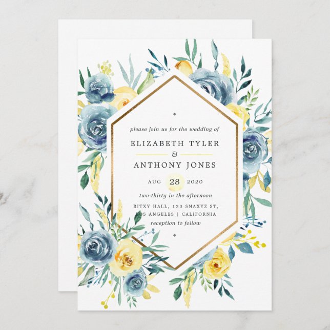 Turquoise and Yellow Floral Wedding Invitation (Front/Back)