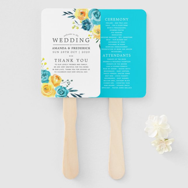 Turquoise and Yellow Floral Wedding Program Hand Fan (Front and Back)
