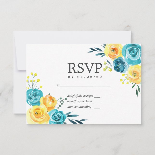 Turquoise and Yellow Floral Wedding RSVP (Front)