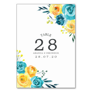 Turquoise and Yellow Floral Wedding Table Number