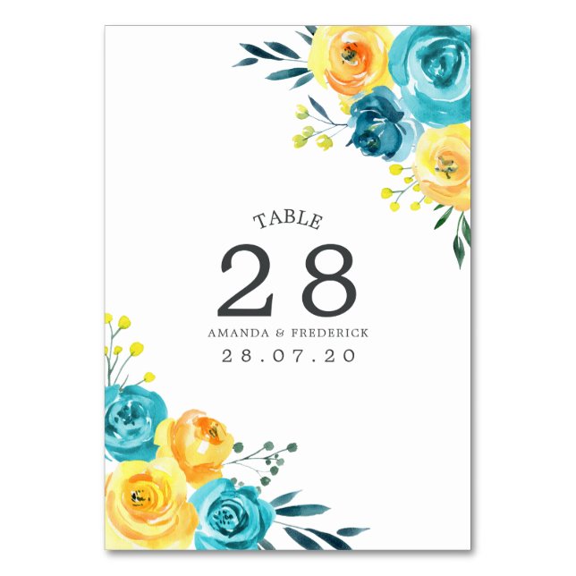 Turquoise and Yellow Floral Wedding Table Number (Front)