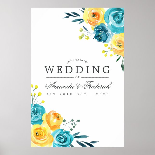 Turquoise and Yellow Floral Wedding Welcome Poster (Front)