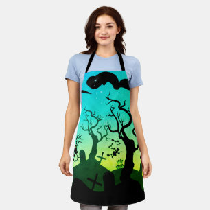 Turquoise and yellow haunted graveyard Halloween Apron