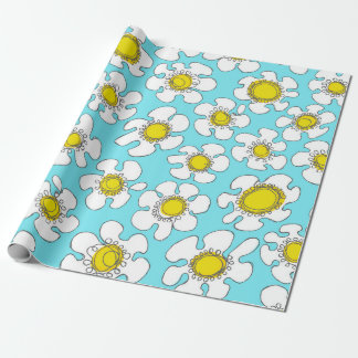 Turquoise and Yellow Single Line Daisies Pattern Wrapping Paper