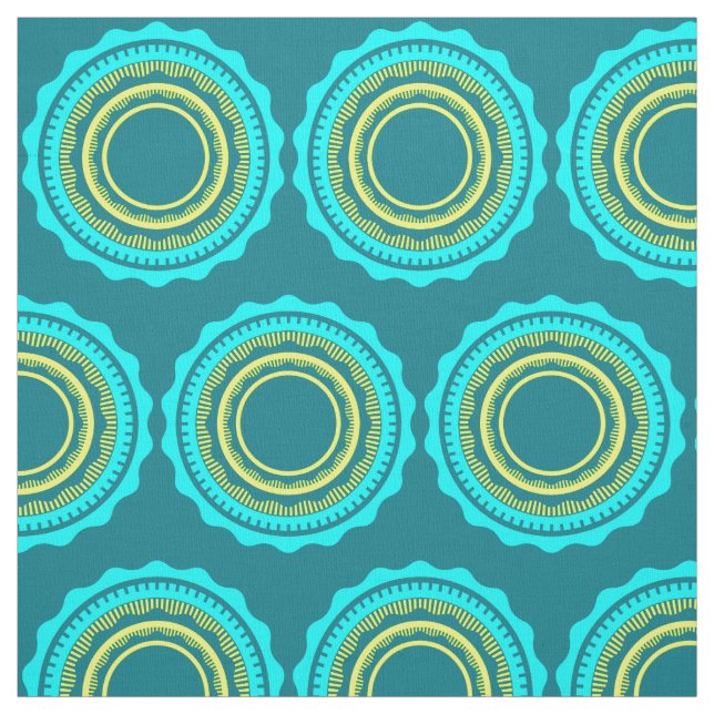Turquoise and Yellow Sunburst on Teal Fabric (Swatch)