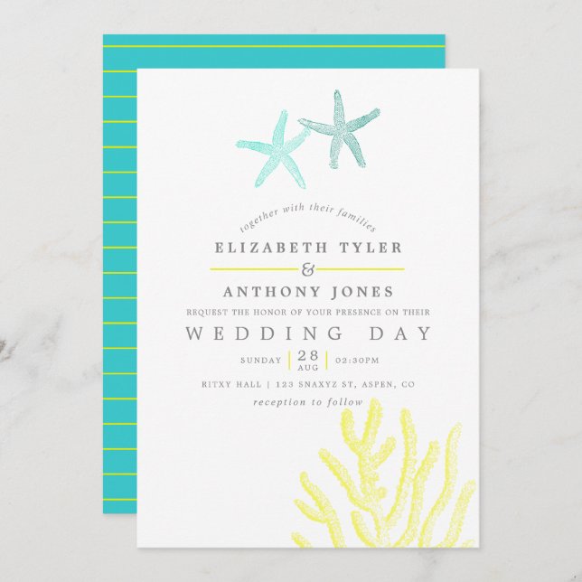 Turquoise and Yellow themed Beach Wedding Invitation (Front/Back)