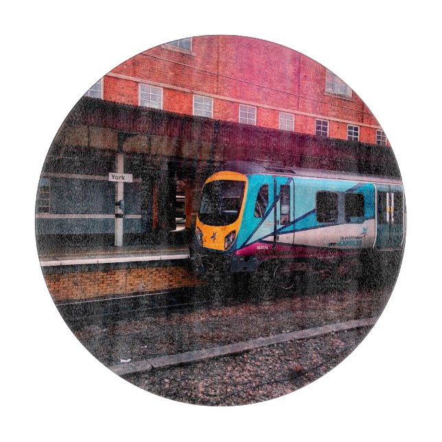 Turquoise and yellow train cutting board (Front)