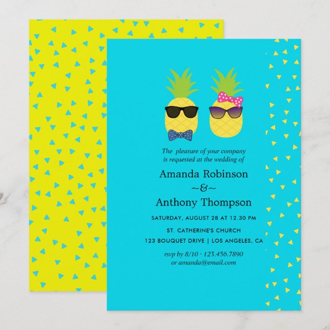 Turquoise and Yellow Tropical Summer Beach Wedding Invitation (Front/Back)