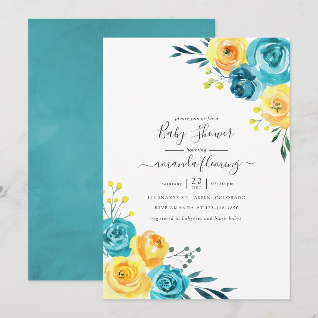 Turquoise and Yellow Watercolor Floral Baby Shower Invitation (Front/Back)