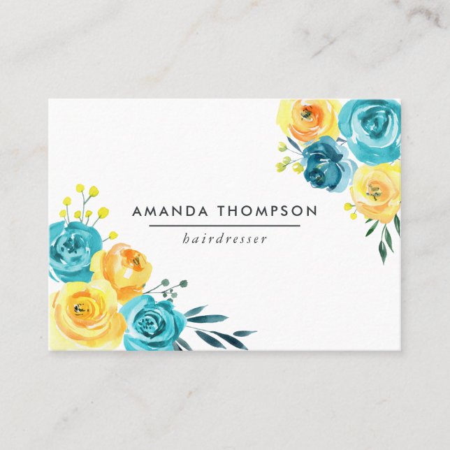 Turquoise and Yellow Watercolor Floral Business Card (Front)