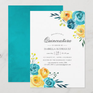 Turquoise and Yellow Watercolor Floral Quinceañera Invitation