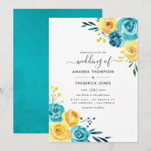 Turquoise and Yellow Watercolor Floral Wedding Invitation