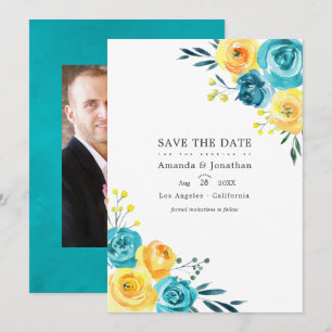 Turquoise and Yellow Watercolor Floral Wedding Save The Date