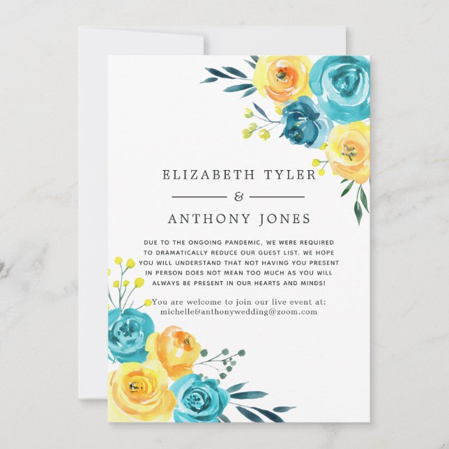 Turquoise and Yellow Wedding Reduced Guest List Announcement (Front)