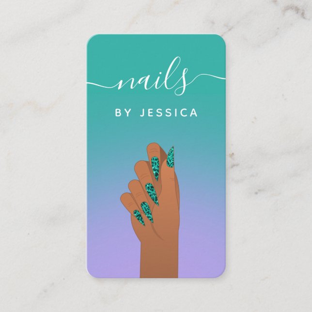 Turquoise Animal Print Glam Nail Artist QR Code Business Card (Front)