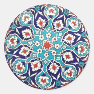 Turquoise Antique Floral Mosaic Tile Classic Round Sticker
