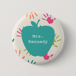 Turquoise Apple Colourful Handprints Teacher 6 Cm Round Badge