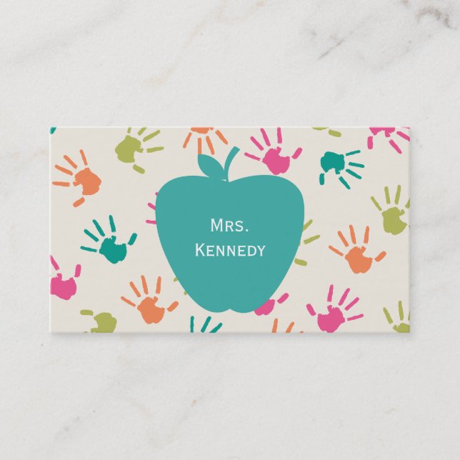 Turquoise Apple Colourful Handprints Teacher Business Card (Front)