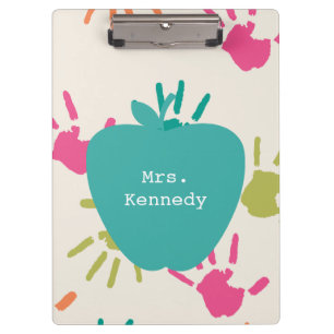 Turquoise Apple Colourful Handprints Teacher Clipboard