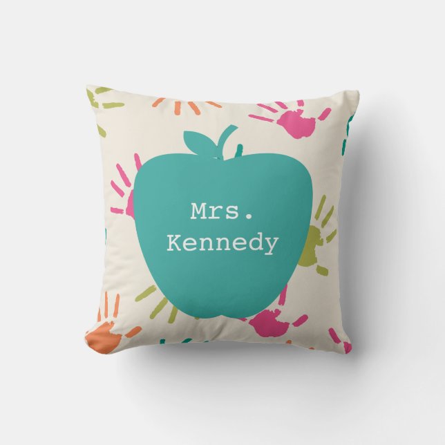 Turquoise Apple Colourful Handprints Teacher Cushion (Front)