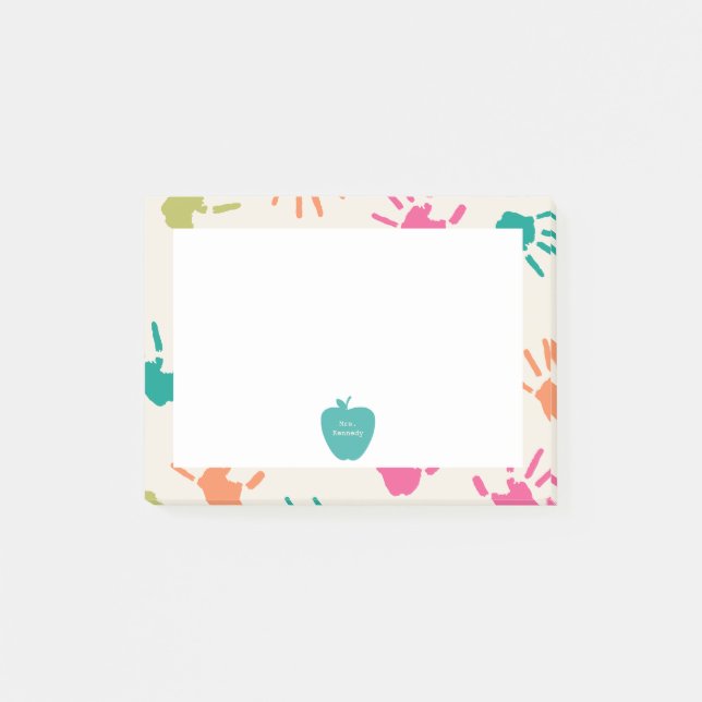 Turquoise Apple Colourful Handprints Teacher Post-it Notes (Front)