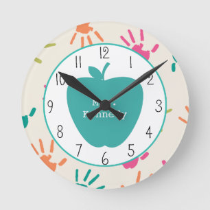 Turquoise Apple Colourful Handprints Teacher Round Clock