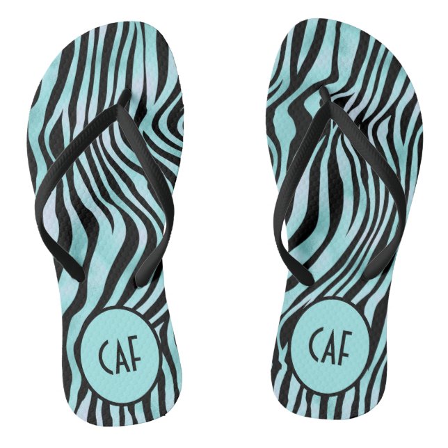 Turquoise Aqua Black Zebra Animal Print Monogram Flip Flops (Footbed)