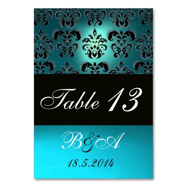 TURQUOISE AQUA BLUE BLACK CLASSY DAMASK MONOGRAM TABLE NUMBER (Back)