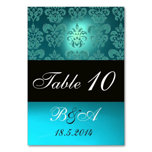 TURQUOISE AQUA BLUE BLACK CLASSY DAMASK MONOGRAM TABLE NUMBER (Back)