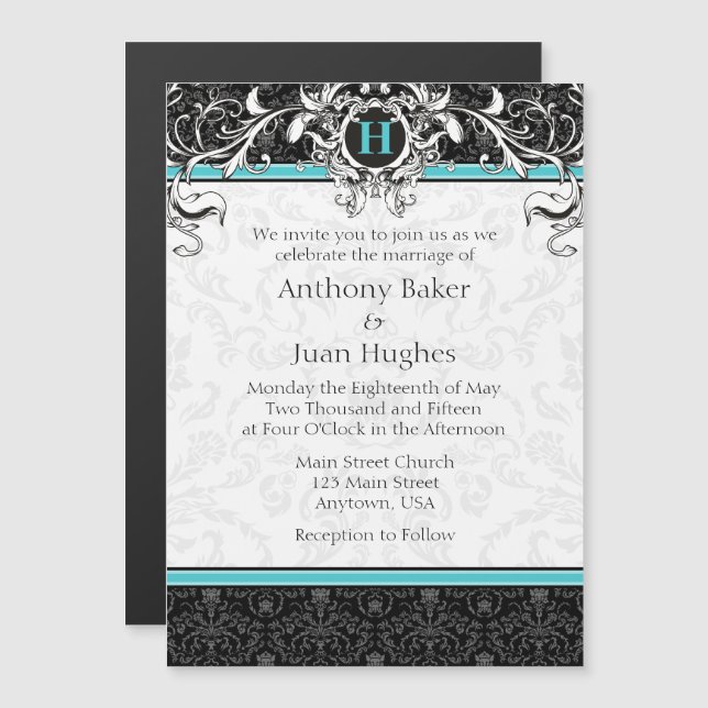 Turquoise Aqua Blue Black Monogram Wedding Magnetic Invitation (Front/Back)
