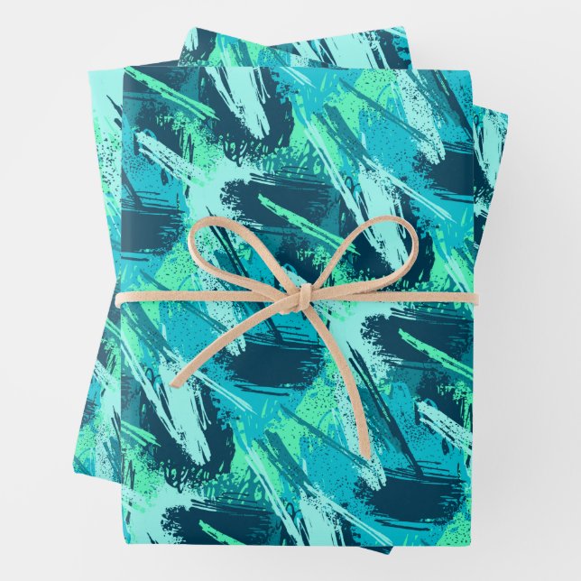 Turquoise Aqua Blue Brush Wrapping Paper Sheet (In situ)