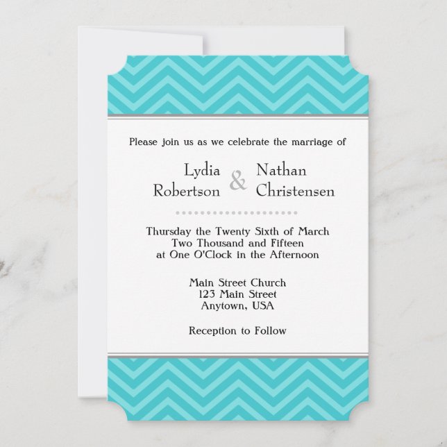 Turquoise Aqua Blue Chevron Wedding Invitations (Front)