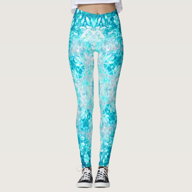 Turquoise Aqua Blue Floral Pattern  Leggings (Front)