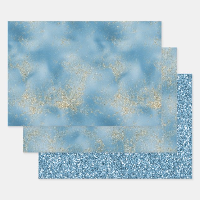 Turquoise Aqua Blue Glam Gold Glitter     Wrapping Paper Sheet (Set)