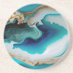 Turquoise Aqua Blue Gold Gemstone Acrylic Pour Art Coaster
