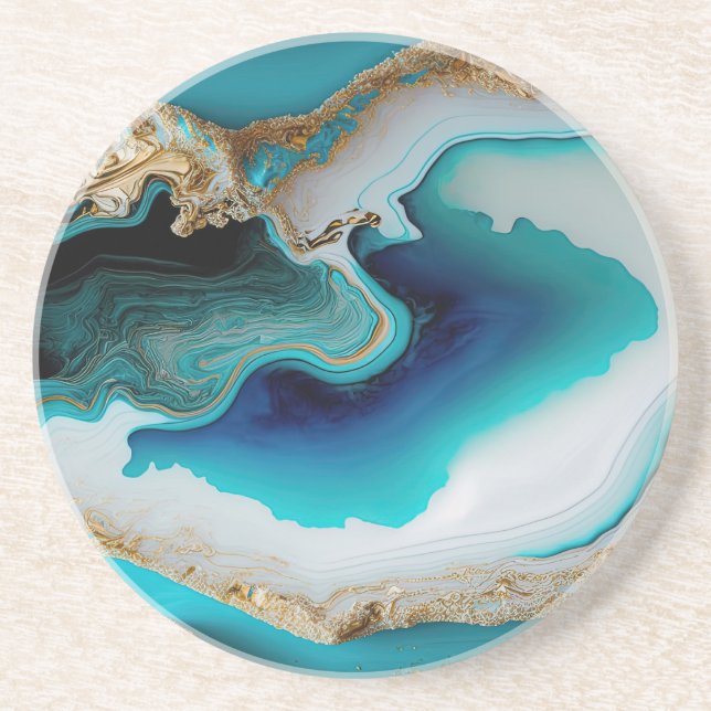 Turquoise Aqua Blue Gold Gemstone Acrylic Pour Art Coaster (Front)