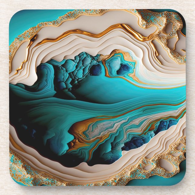 Turquoise Aqua Blue Gold Gemstone Acrylic Pour Art Coaster (Front)