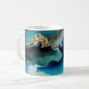 Turquoise Aqua Blue Gold Gemstone Acrylic Pour Art Coffee Mug