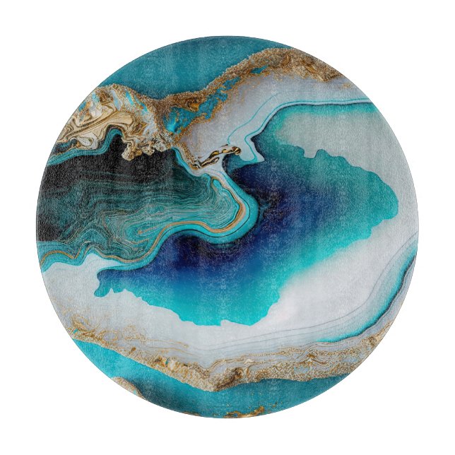 Turquoise Aqua Blue Gold Gemstone Acrylic Pour Art Cutting Board (Front)