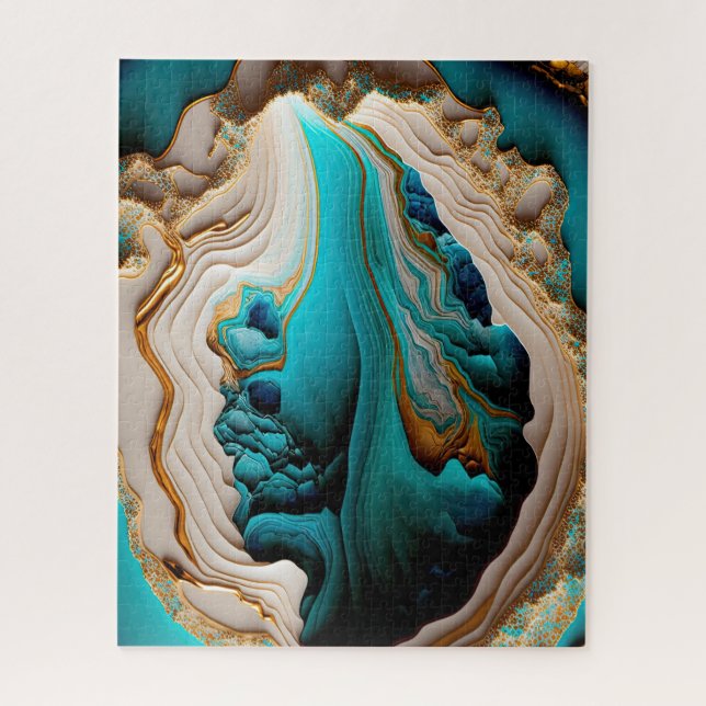 Turquoise Aqua Blue Gold Gemstone Acrylic Pour Art Jigsaw Puzzle (Vertical)