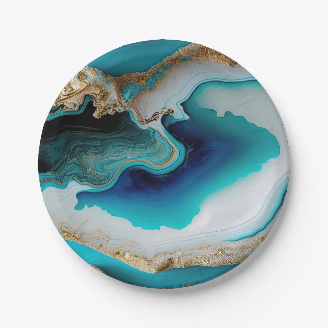 Turquoise Aqua Blue Gold Gemstone Acrylic Pour Art Paper Plate (Front)