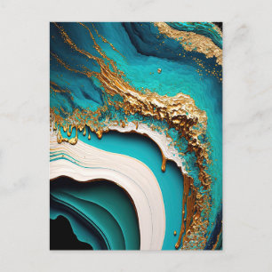 Turquoise Aqua Blue Gold Gemstone Acrylic Pour Art Postcard