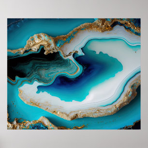 Turquoise Aqua Blue Gold Gemstone Acrylic Pour Art Poster
