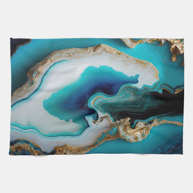 Turquoise Aqua Blue Gold Gemstone Acrylic Pour Art Tea Towel (Horizontal)
