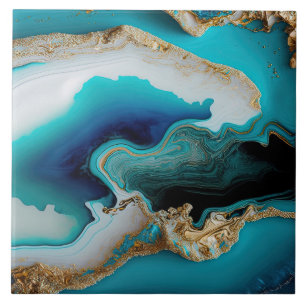 Turquoise Aqua Blue Gold Gemstone Acrylic Pour Art Tile