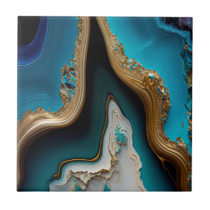Turquoise Aqua Blue Gold Gemstone Acrylic Pour Art Tile