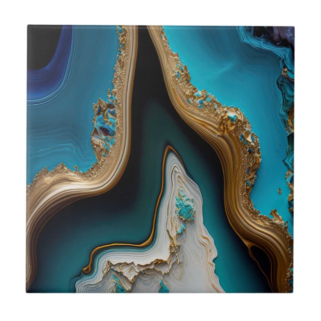 Turquoise Aqua Blue Gold Gemstone Acrylic Pour Art Tile (Front)